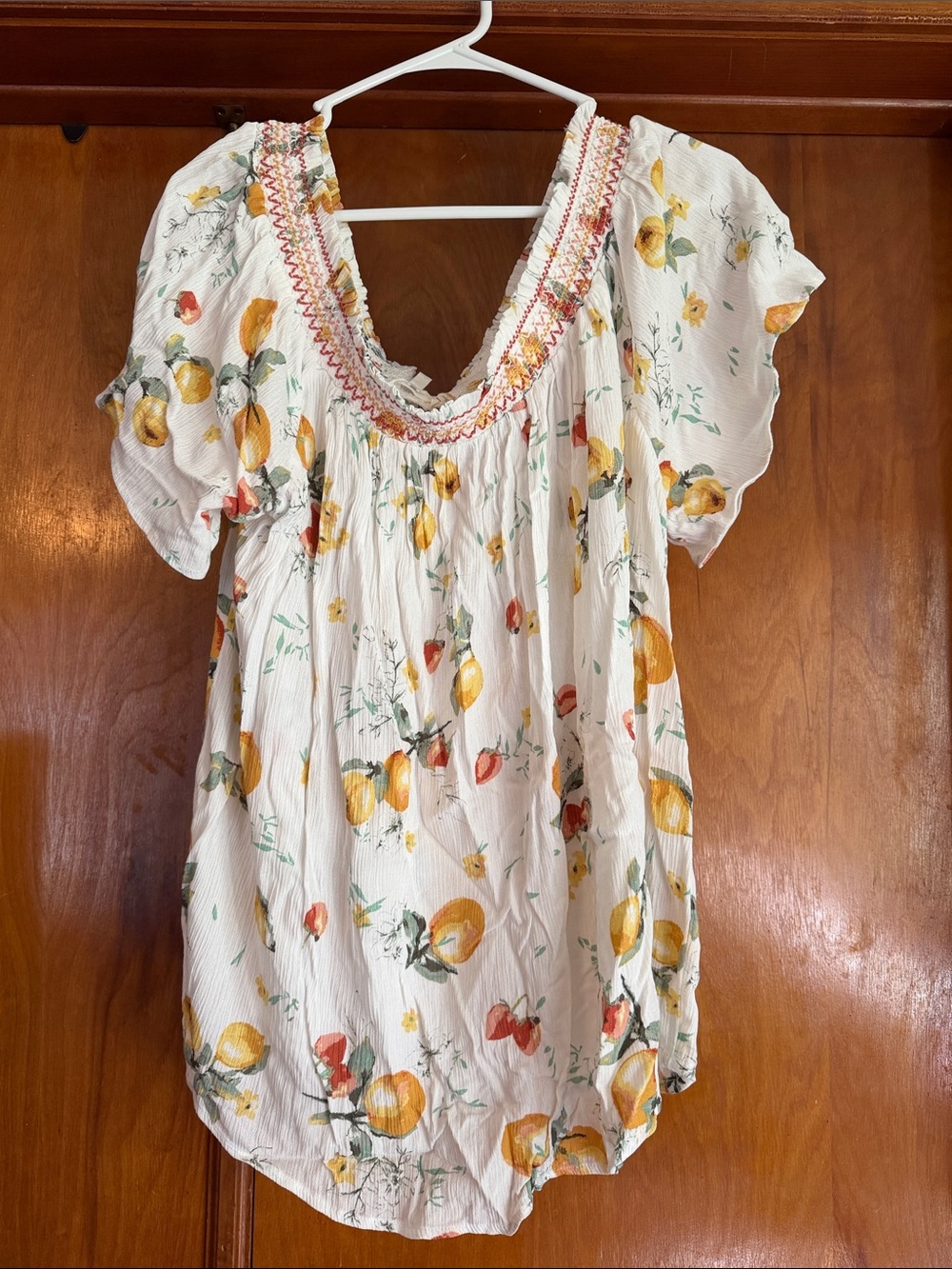 Maurices White Floral Tunic with Yellow and Orange Fruit Print